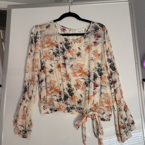 Socialite Tops - Socialite Cream Floral Cropped Blouse with Tie Detail